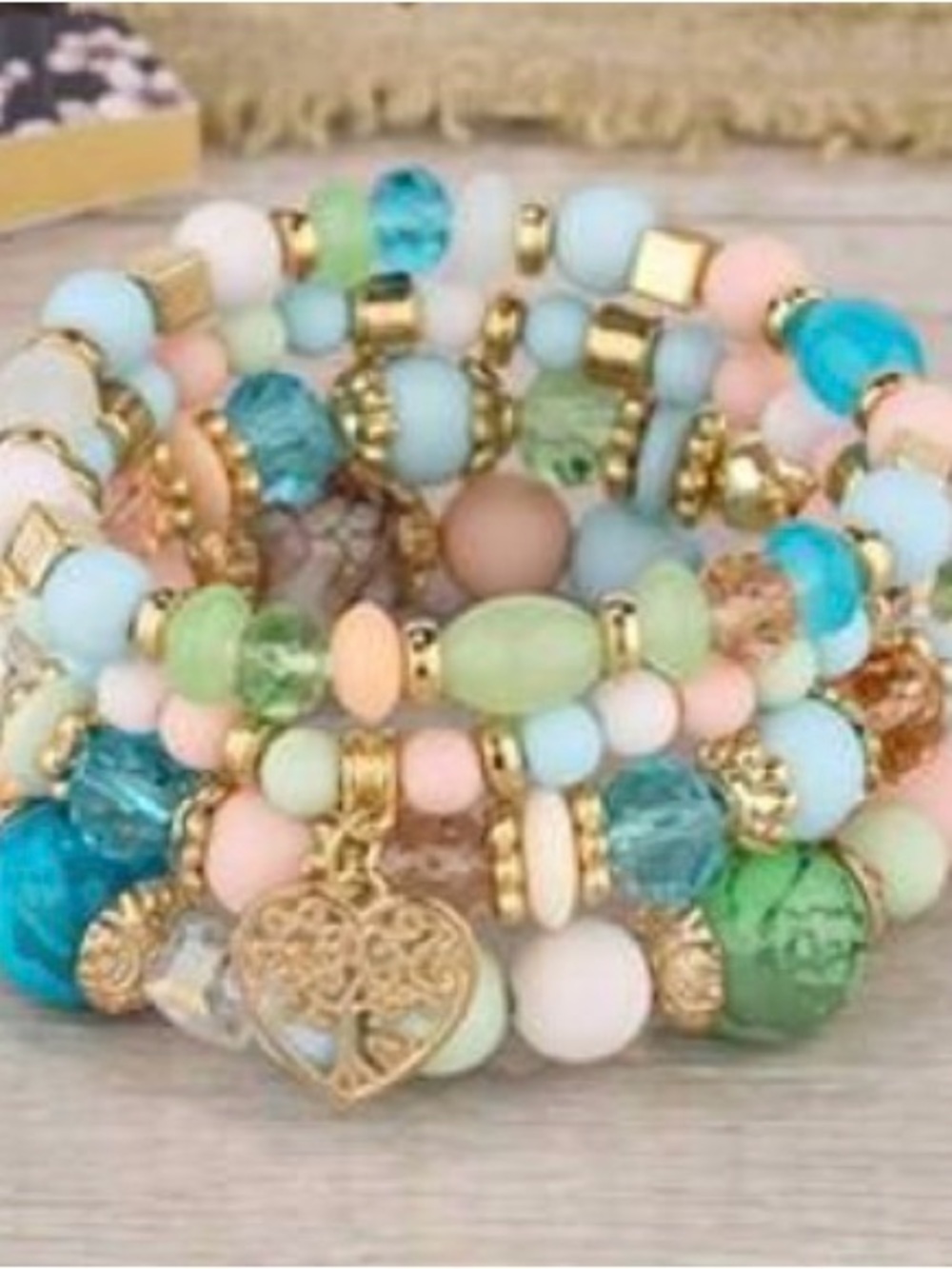 Gold-Accent Pastel Beaded Wrap Bracelet Set - Turquoise, Mint & Pink
